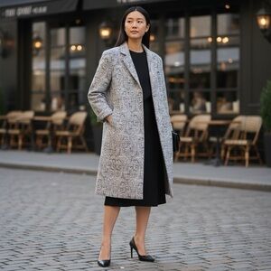 WORTH PETITE Charcoal Gray White Paisley Print WOOL Car Coat  SZ L